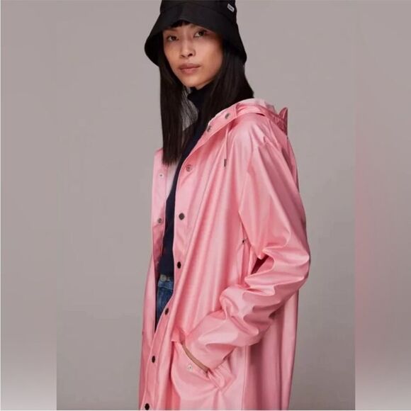 NWT New Rains Long Water-Resistant Raincoat Jacket Pink Sky w/Hood Medium - Picture 4 of 12